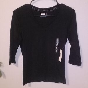 St. John's Bay Black 3/4 Quarter Length V-Neck Top